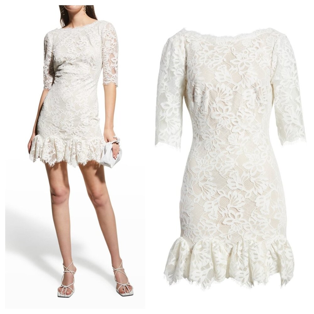 Sho by Tadashi Shoji Elbow-Sleeve Ruffle-Hem Lace Dress Ivory/ Nude